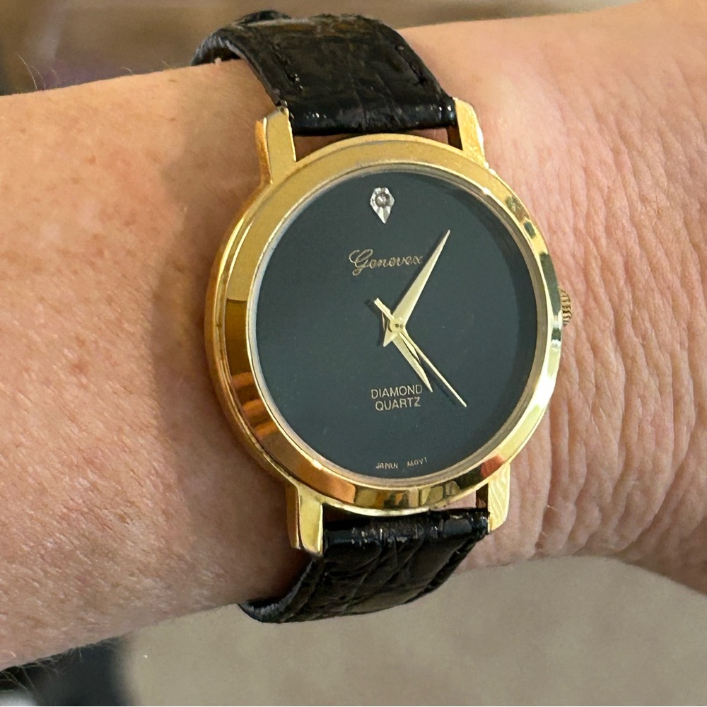 Genevex Vintage Black Quartz Genuine Diamond Watch